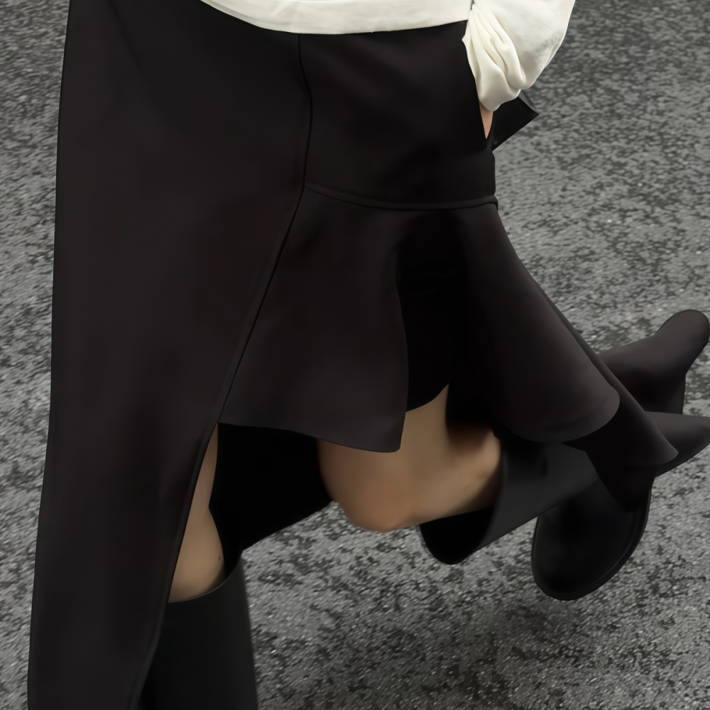 长款黑色不规则设计口袋半身裙女