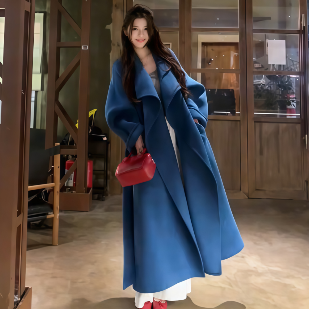 长款藏青色翻领系带款毛呢外套女