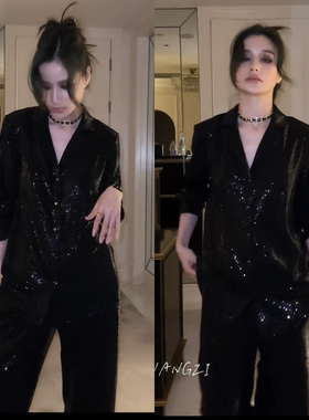 2026秋季新款高级感时尚小众满身亮片设计感两件套阔腿裤西装外套