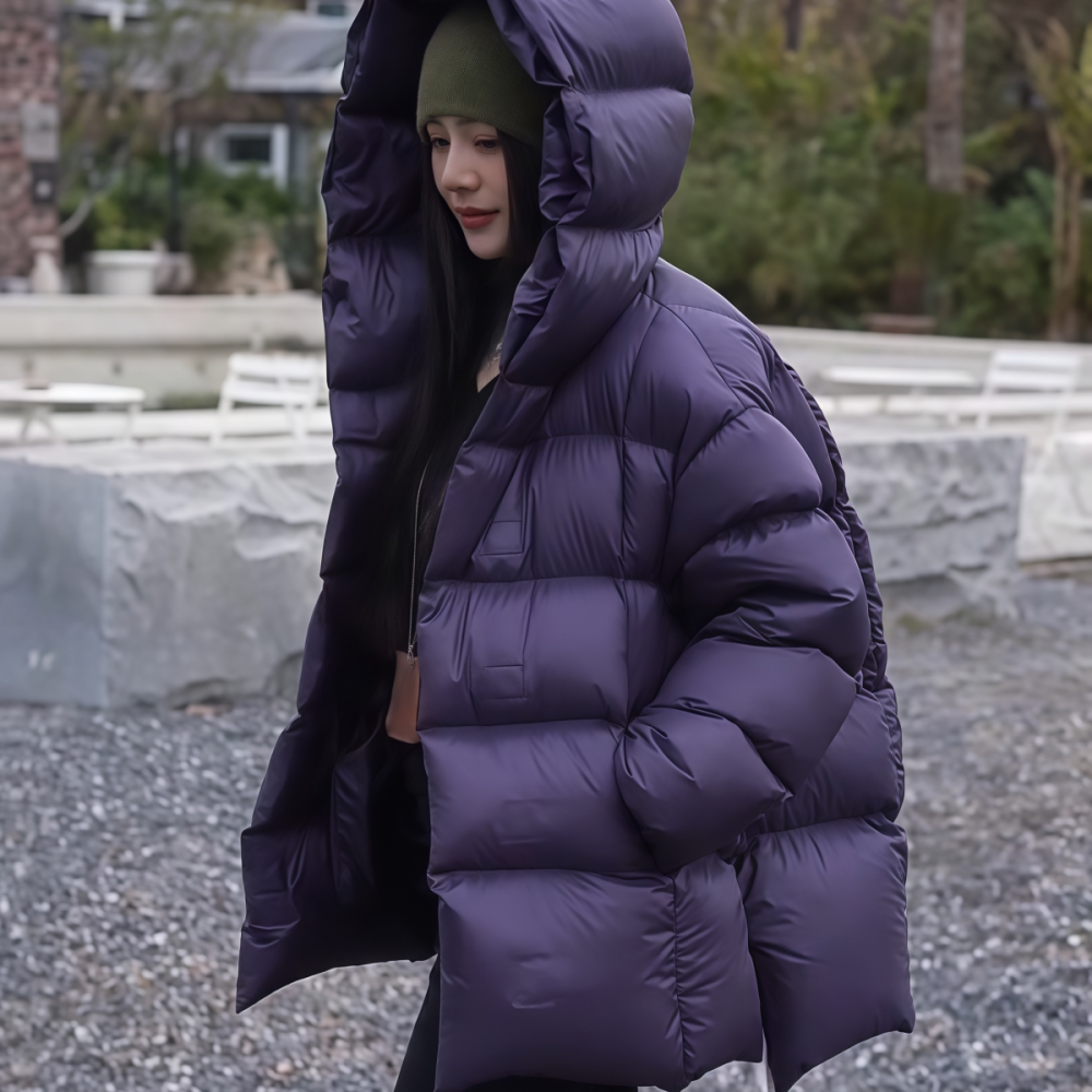 时尚正流行紫色连帽羽绒服外套女