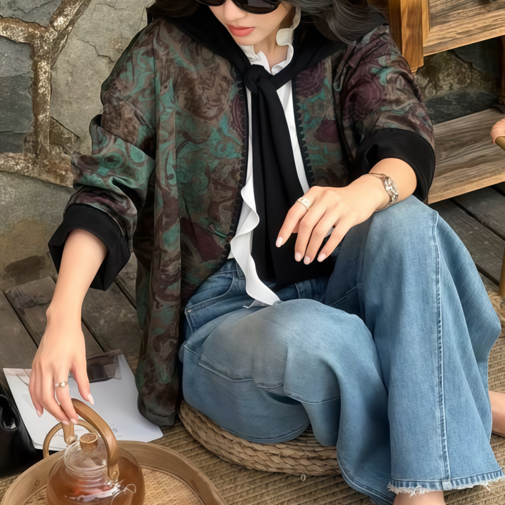 印花落肩黑色无扣西装外套直筒款