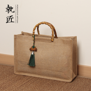 手工竹鞭麻布手提袋亚麻袋环保购物礼品袋整理袋收纳袋大容量便携