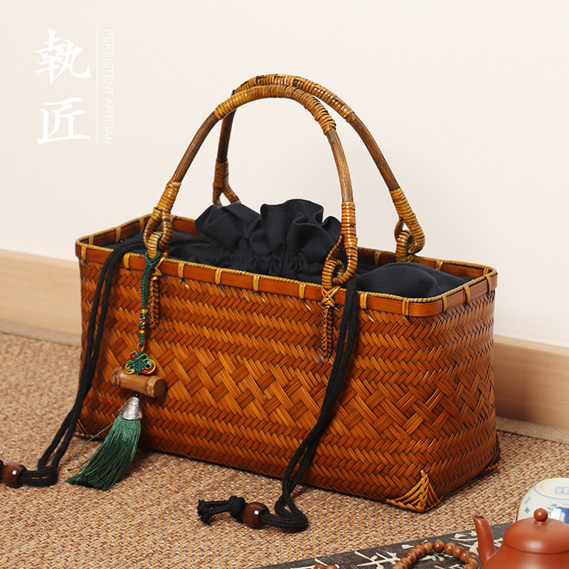 新款纯手工竹编手提包女包大容量包包高级质感小众设计茶具收纳包