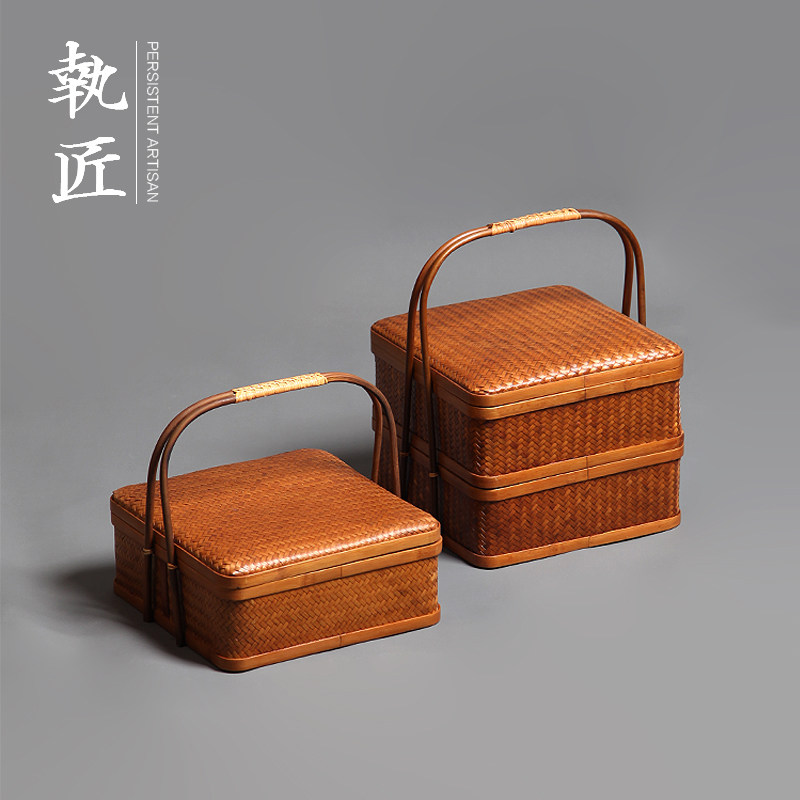 手工竹编提篮食盒提盒带盖收纳盒子整理盒多层手提野餐盒中式复古,特色手工艺,竹编/竹雕,淘宝优惠券,粉丝福利购,淘宝优惠卷