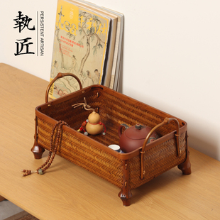竹编大漆收纳筐 手提茶具桌面茶具收纳盒篮子编织水果盘 复古中式