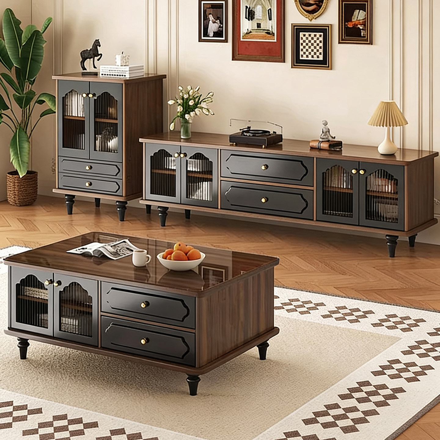 法式中古风电视柜茶几组合客厅新款实木落地储物柜小户型电视机柜