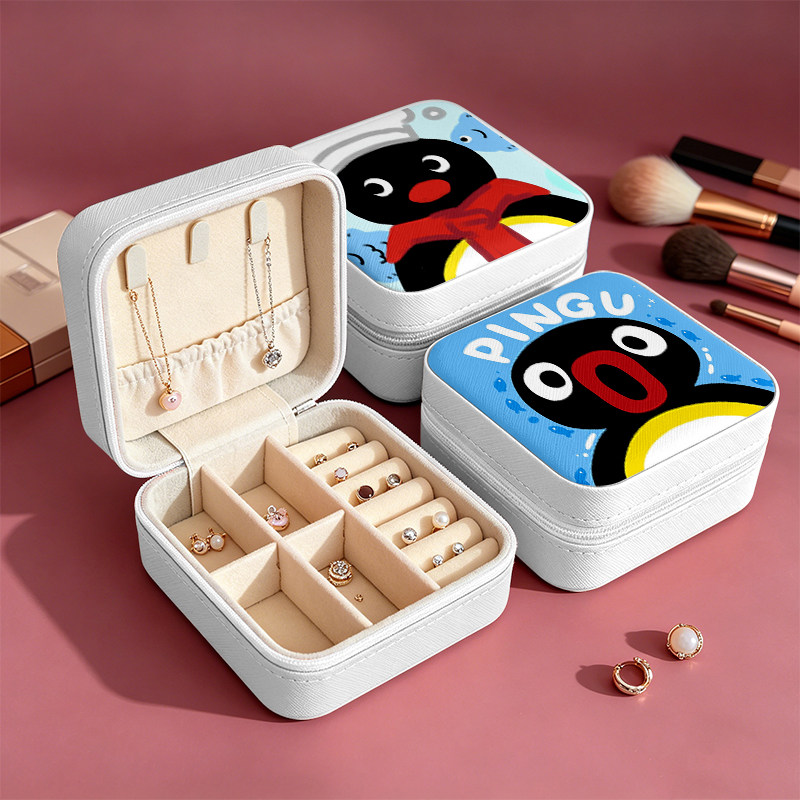 pingu企鹅印花便携式PU皮首饰盒多功能旅行收纳盒小格间式珠宝盒