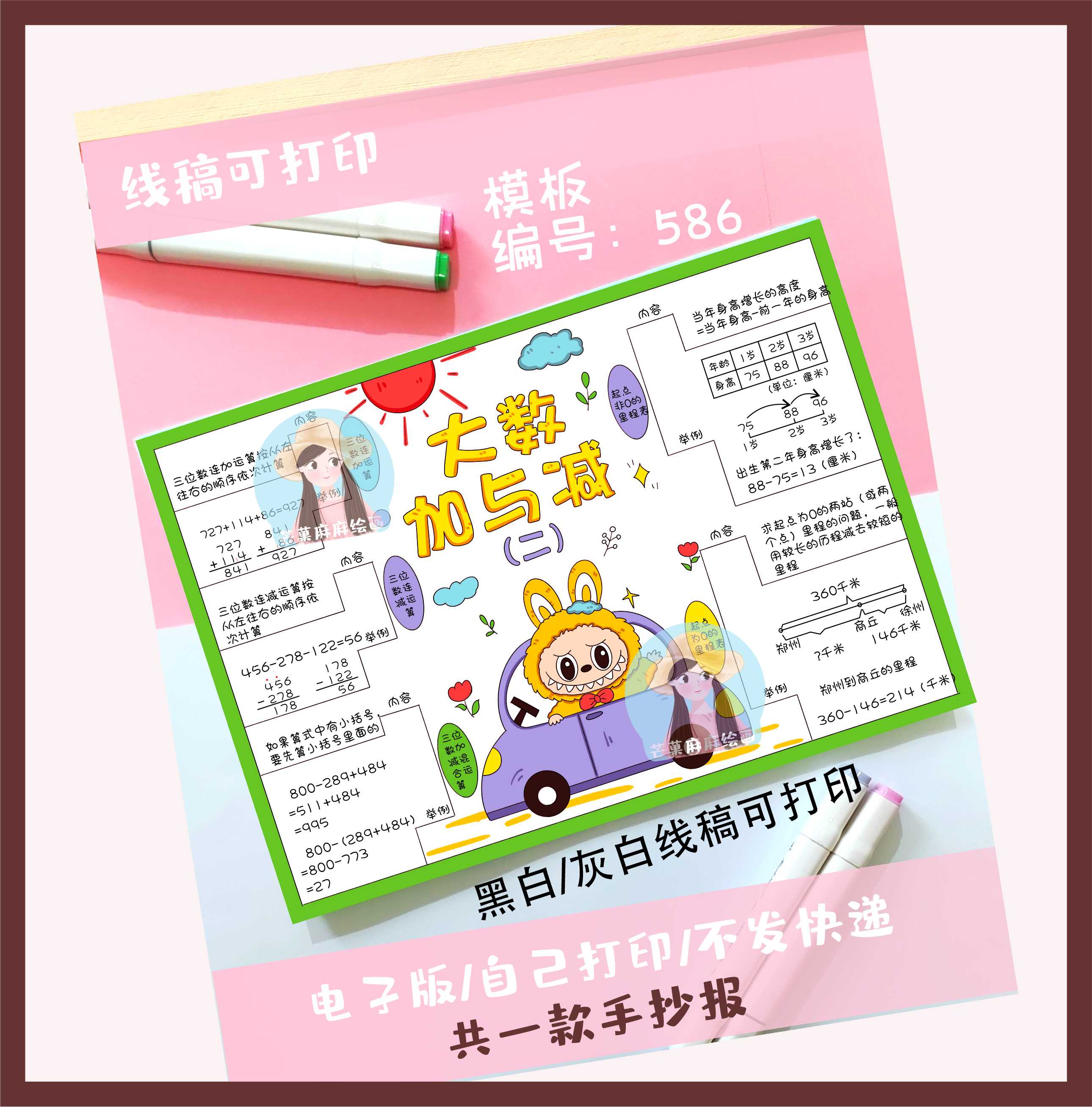 586北师大版三年级上册三单元《大数加与减二》思维导图手抄报