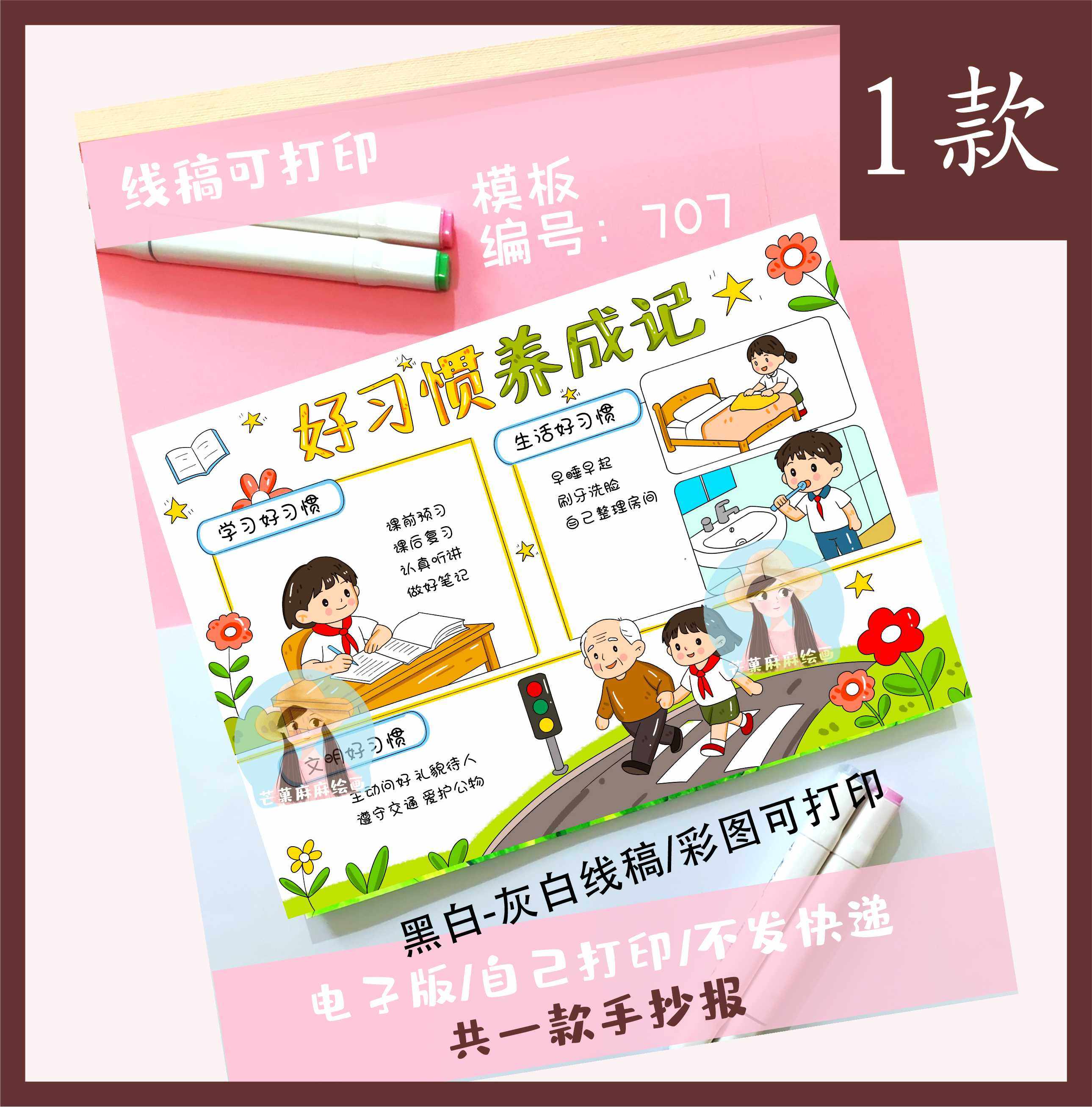 707好习惯养成记手抄报好习惯伴我成长电子版可打印模板/一款