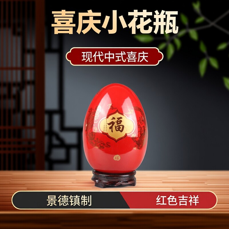 婚庆摆件景德镇陶瓷结婚喜庆中国红小花瓶新房装饰红色家居工艺品