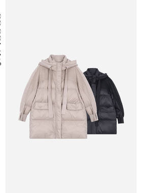 COCOLAN 【寒武纪】2025冬季新款绵羊毛廓形拼接连帽羽绒服外套女