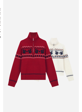 COCOLAN【松鼠】100绵羊毛半拉链松鼠提花女毛衣CL8MY6375