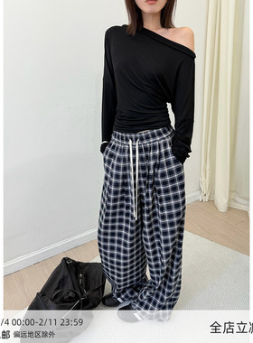 【2/10 20:00】MUCCHIC/松紧腰抽绳格纹长裤休闲裤