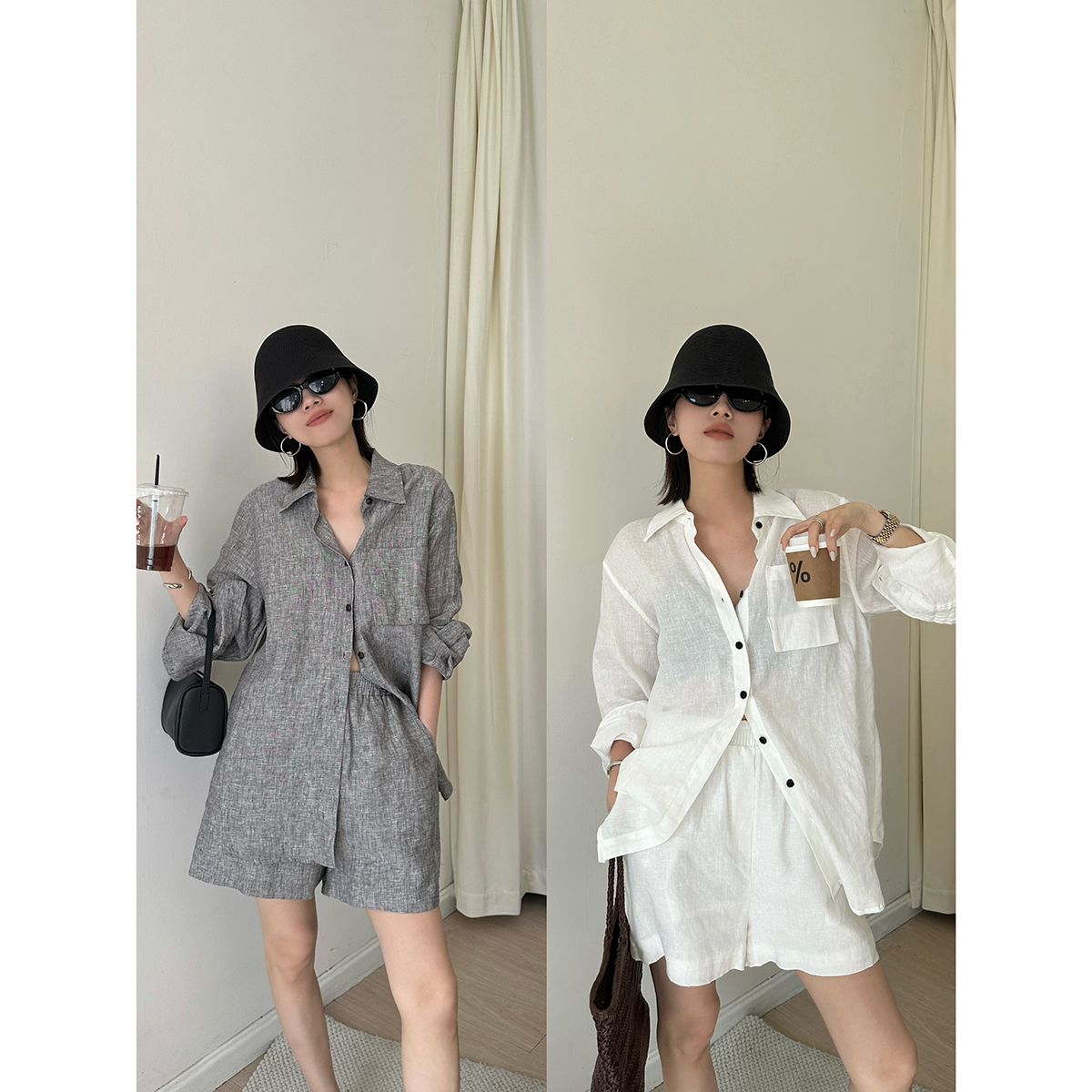 2024早秋亚麻老钱衬衫短裤套装
