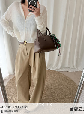 【8/26 20:00】MUCCHIC/复古褶裥卡其色弯刀裤休闲阔腿裤