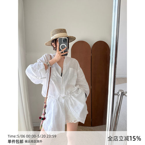 【5/16 20:00】MUCCHIC/老钱风亚麻复古抽绳收腰衬衫