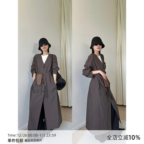 单排扣老钱V领长款长袖风衣