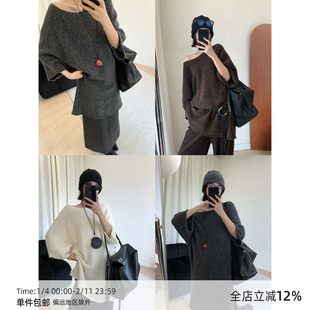 【10/31 20:00】MUCCHIC/羊驼毛圆领斜肩中袖宽松中长款毛衣