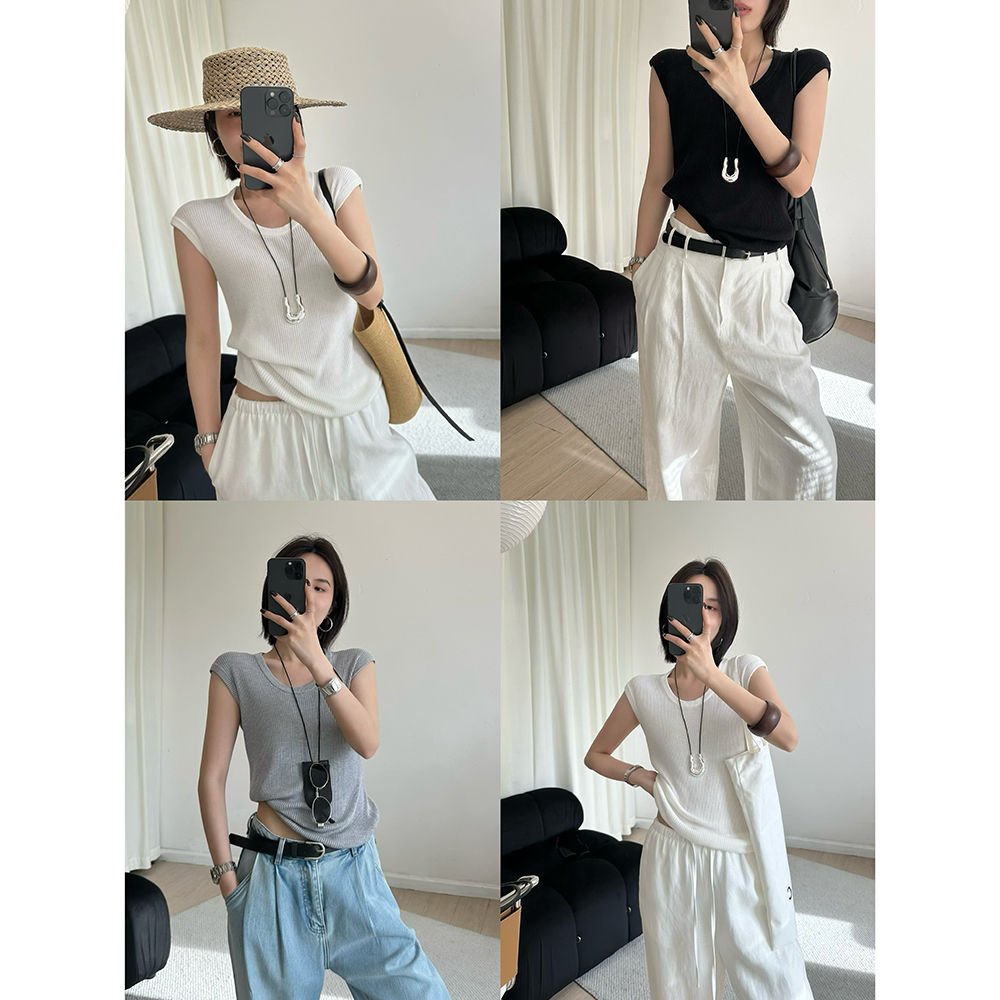 天丝醋酸U领百搭无袖针织T恤女