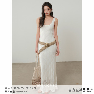 MUCCHIC 镂空菱格编织针织背心长裙纸片人连衣裙