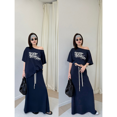 【4/29 20:00】MUCCHIC/斜肩印花短袖TEE+撞色系带半身裙