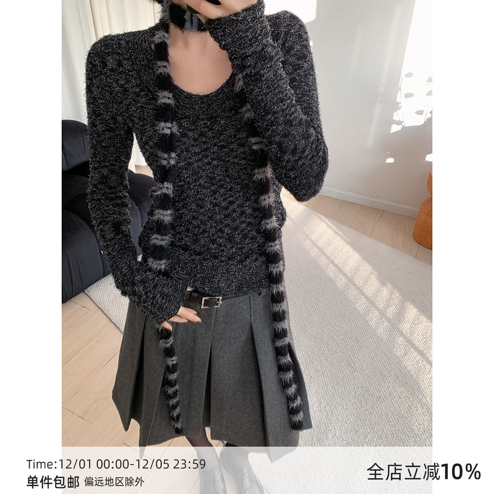 复古混色段染纱U领套头针织衫