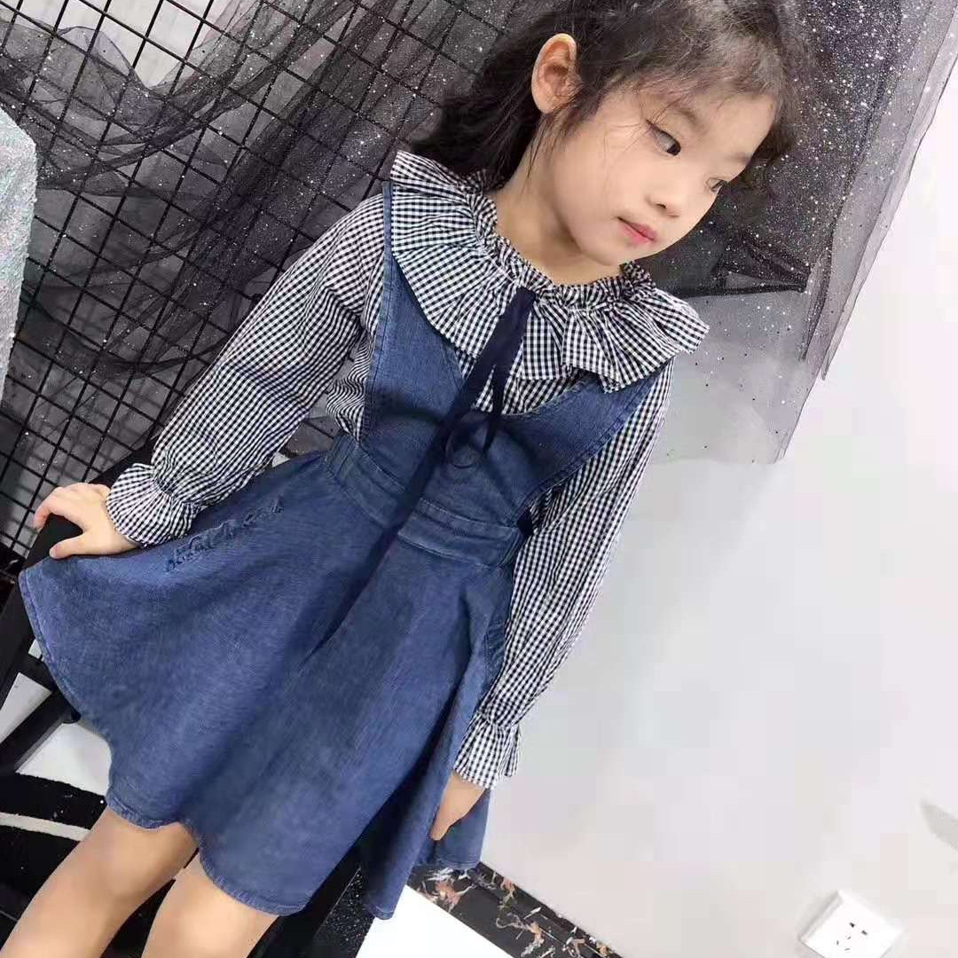 思贝秀童装女童套装格子衬衣两件套牛仔背带裙牛仔裙运动春装新款