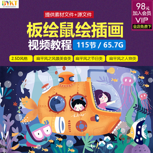 AI/PS商业插画视频教程 扁平风人物风景美食2.5D风格板绘鼠绘课程