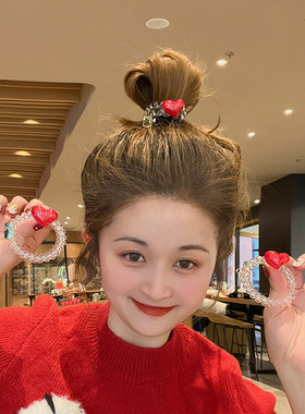 红色爱心电话线发圈发绳无痕头绳马尾皮筋女扎头发橡皮筋皮套头饰