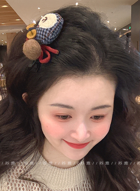 秋冬可爱小熊绑带蝴蝶结发夹边夹毛毡球发夹刘海夹前额碎发卡头饰
