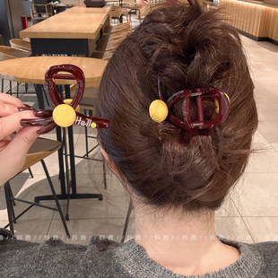 气质撞色豆豆笑脸英文抓夹女高级感发夹后脑勺中号盘发鲨鱼夹