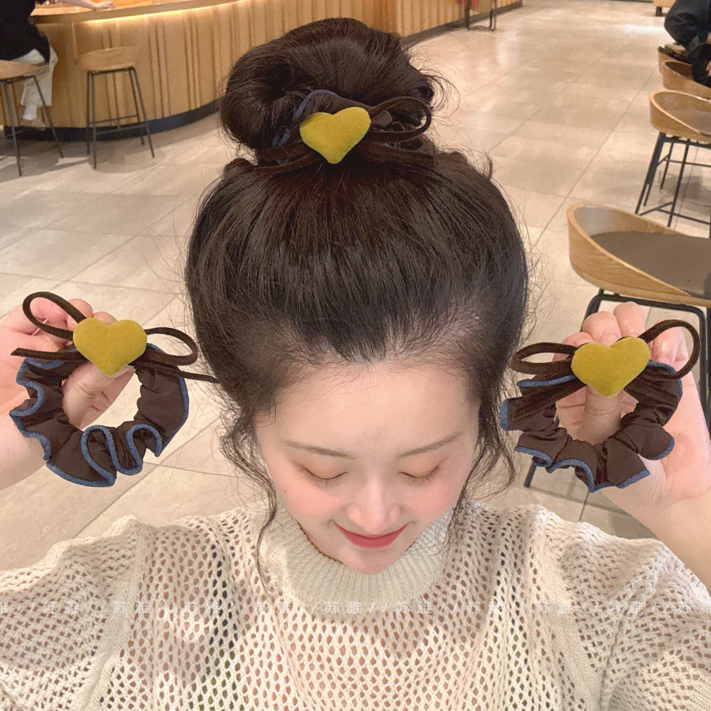 复古气质爱心蝴蝶结牛仔蓝边发圈