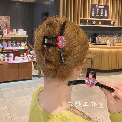 抓夹高级AB款爱心水钻英文鲨鱼夹