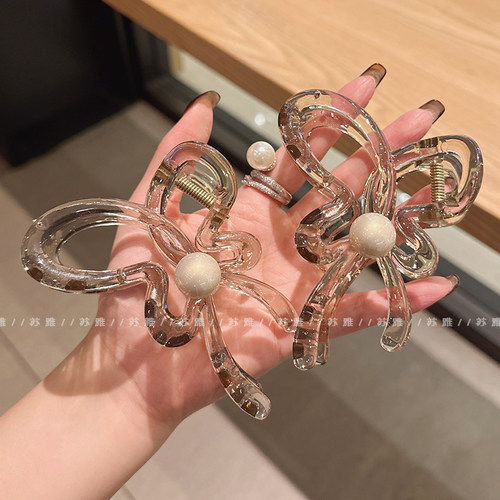 高级镂空蝴蝶结珍珠盘发鲨鱼抓夹