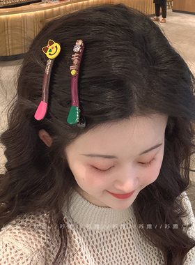 韩系猫咪彩色刘海夹可爱高级感一字夹闪钻发夹边夹侧边头饰一对装