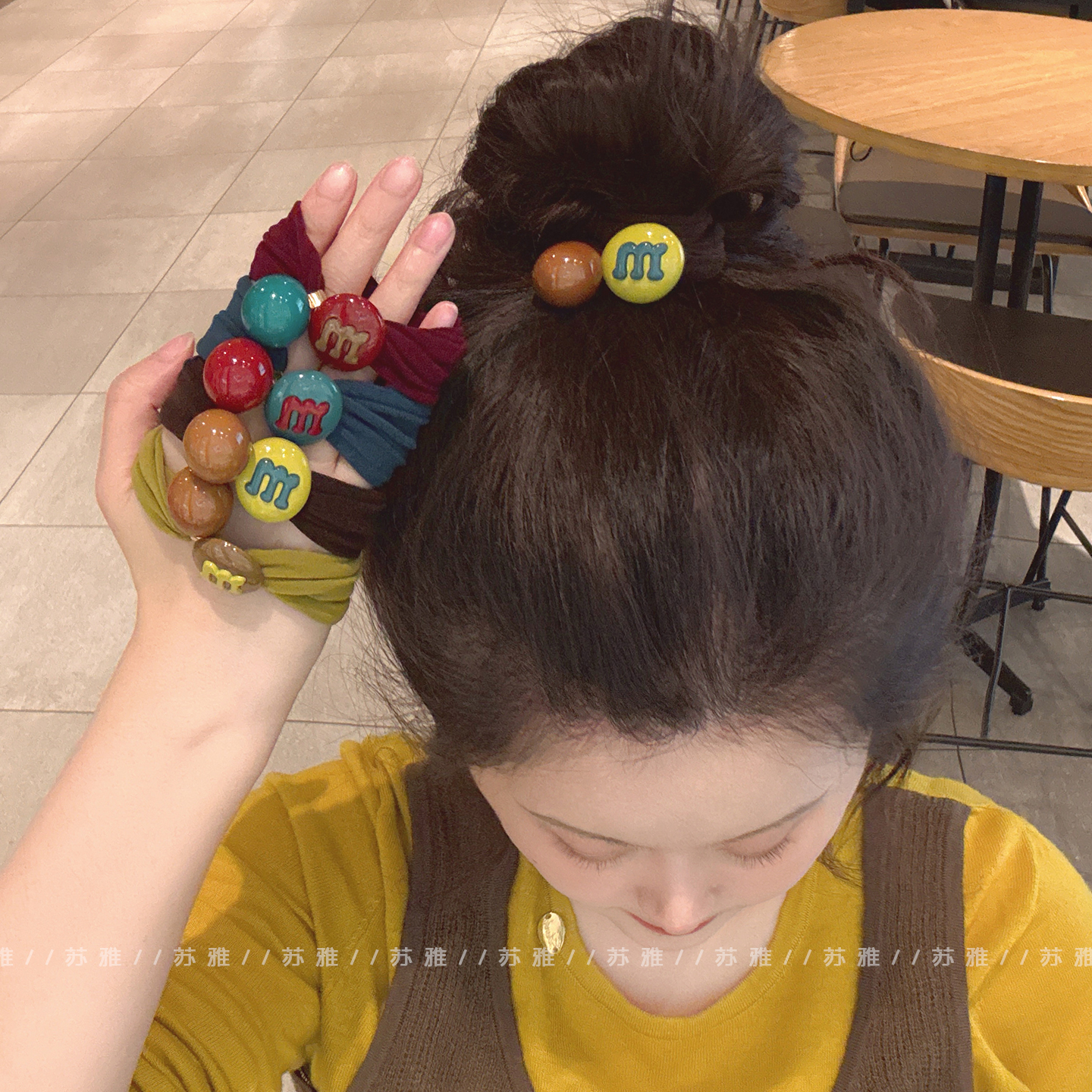 韩版新款m豆球球条纹发绳女糖果色加宽皮筋高弹力不伤发头绳发圈