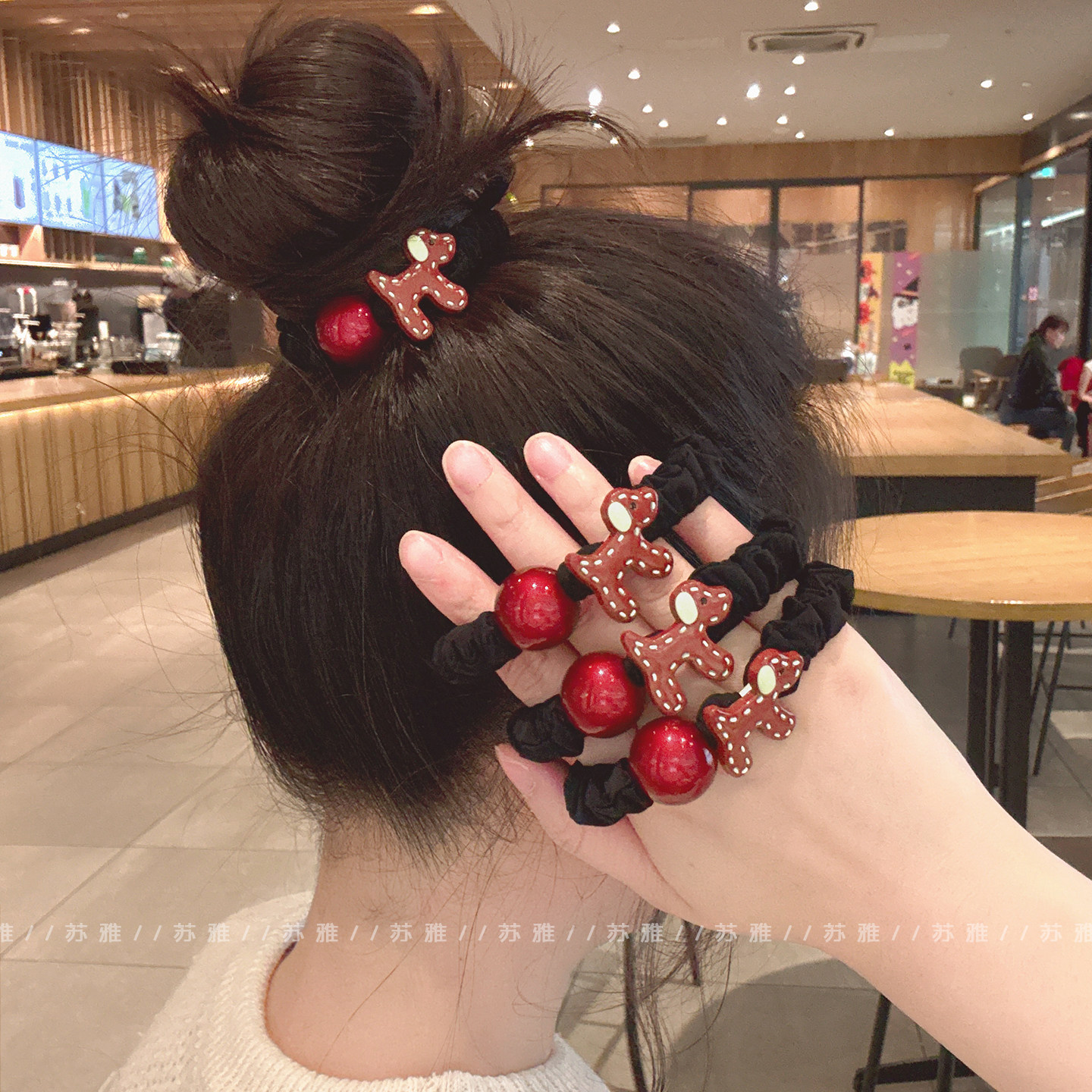 可爱萌趣线条小狗红珍珠褶皱发圈