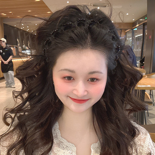 高级感黑色水晶布艺缠绕带齿发箍