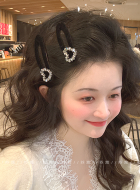 高级感爱心闪钻丝绒BB夹百搭黑色发夹女前额碎发侧边刘海夹掰掰夹