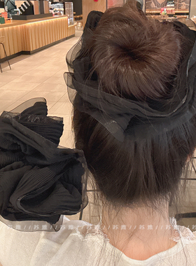 高级感黑色条纹网纱双层大肠发圈简约扎头发橡皮筋2025年网红新款