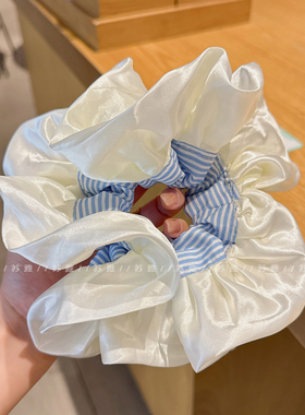 超大号芭蕾风缎面蓝色条纹大肠发圈女2025新款高级感扎头发绳头绳