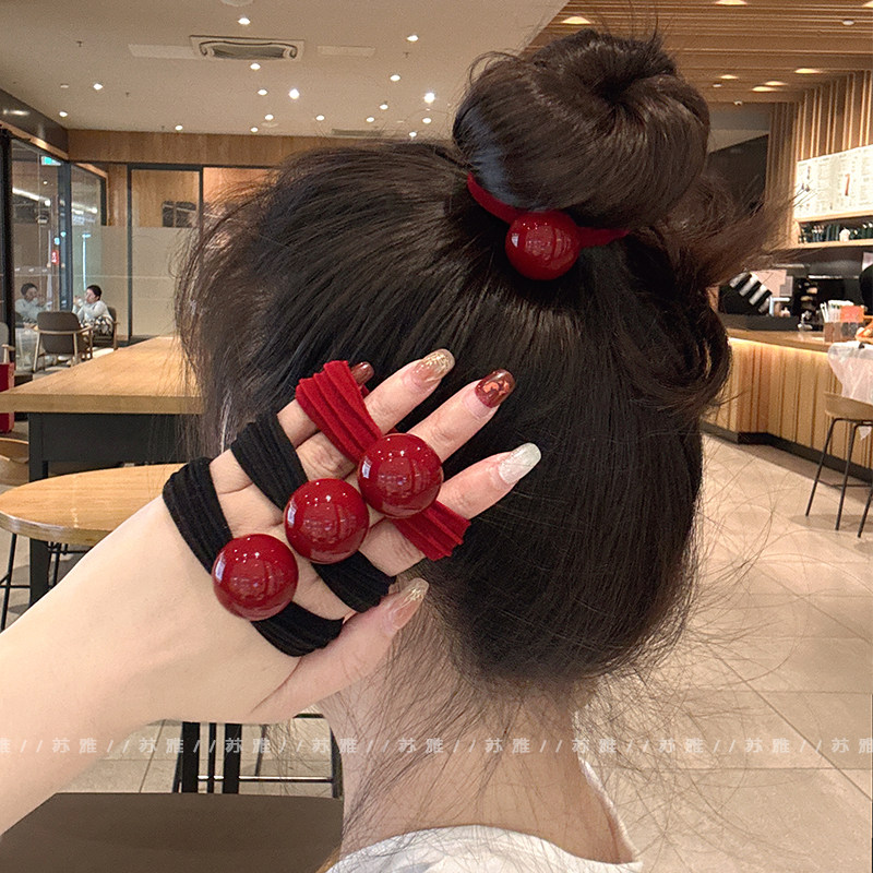 安可拉红球球条纹扎头发绳高弹力