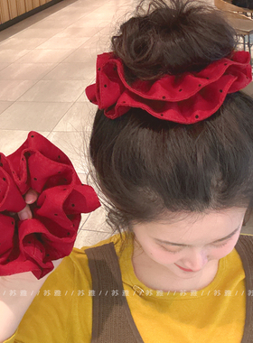 韩国褶皱波点红色双层大肠发圈女可爱慵懒风低马尾丸子头发绳头绳