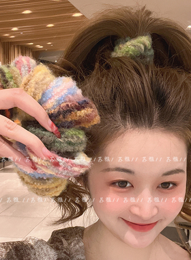 秋冬毛绒大肠发圈女橡皮筋扎头发毛线发绳彩色高马尾弹力头绳发饰