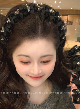 2026新款高颅顶发箍女带齿发卡气质水晶黑色褶皱发捆头箍头饰发饰