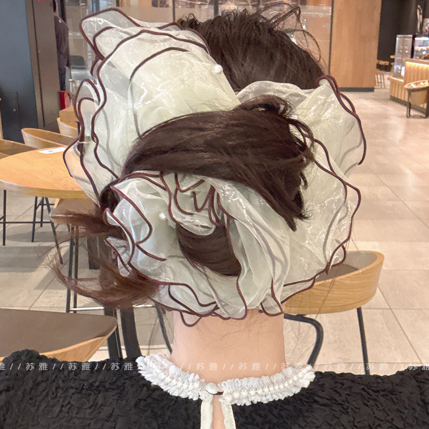 超大号珍珠网纱双层大肠发圈扎头