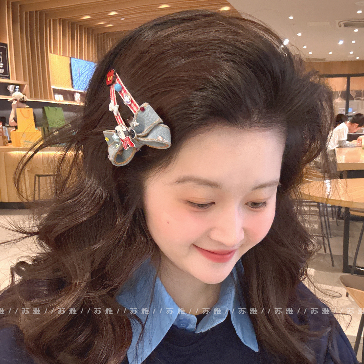 彩钻牛仔蓝蝴蝶结格纹碎发掰掰夹