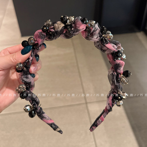高级感水晶碎花网纱高颅顶发箍