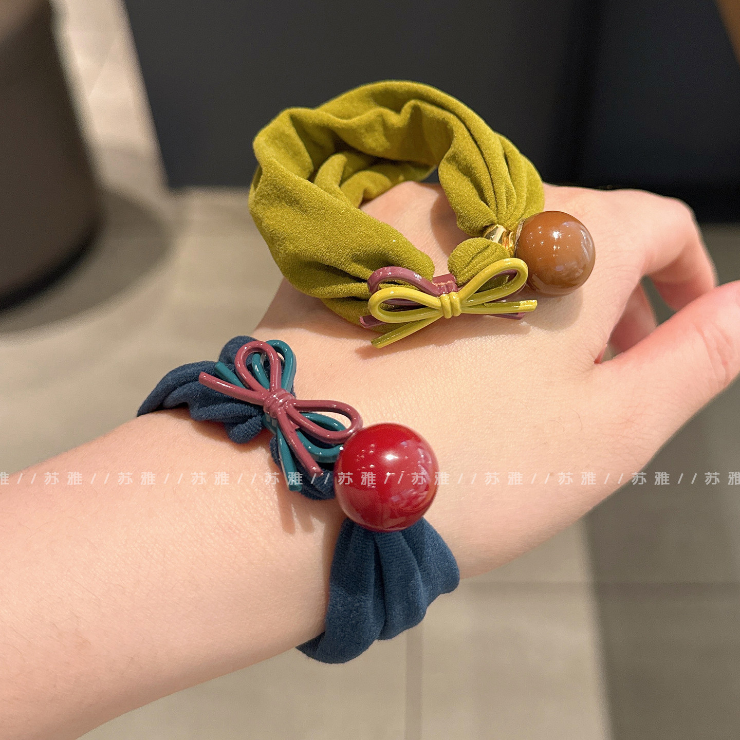 撞色蝴蝶结球球发绳扎头发高弹力