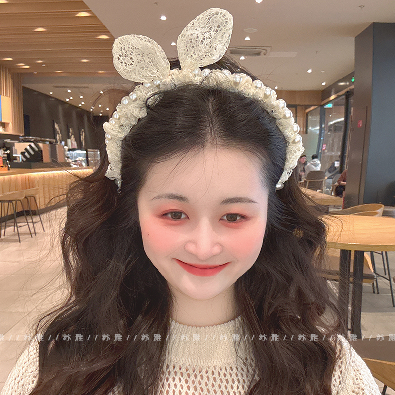 发箍女2025新款珍珠蕾丝兔耳朵头箍百搭洗脸发卡显脸小可爱发饰